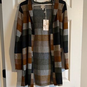 Striped Open-Front Women’s Cardigan Sweater - Brown/Gray/Olive